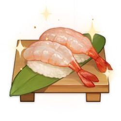 Rule 34 | artist request, commentary, cutting board, english commentary, fish (food), food, food focus, game cg, genshin impact, leaf, lowres, nigirizushi, no humans, official art, rice, shrimp, simple background, sparkle, still life, sushi, sushi geta, third-party source, transparent background