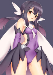 Rule 34 | 1girl, arms behind back, backless outfit, bare shoulders, black hair, blush, breasts, brown eyes, covered navel, elbow gloves, fate/kaleid liner prisma illya, fate (series), feathers, gloves, grey background, hair ornament, hairclip, leotard, long hair, looking at viewer, low twintails, magical girl, miyu edelfelt, purple gloves, purple leotard, sidelocks, simple background, small breasts, solo, thighs, toshishikisai, twintails