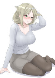 Rule 34 | 1girl, alternate costume, black pantyhose, commentary request, folded ponytail, green eyes, grey skirt, grey sweater, highres, kantai collection, katori (kancolle), looking to the side, pantyhose, parted bangs, pencil skirt, ribbed sweater, rimless eyewear, silver hair, simple background, sitting, skirt, solo, sweater, takomeshi, white background, yokozuwari