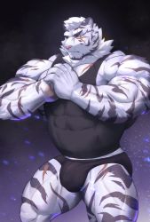 Rule 34 | 1boy, absurdres, animal ears, arknights, bandaged hand, bandages, bara, bare shoulders, black male underwear, black tank top, briefs, bulge, covered abs, covered navel, cowboy shot, eyebrow cut, frown, furry, furry male, highres, kusu (x kusunagi x), male focus, male underwear, mountain (arknights), muscular, muscular male, no pants, own hands together, paid reward available, pectoral cleavage, pectorals, paid reward available, scar, scar across eye, scar on arm, scar on chest, scar on face, scar on leg, shirt, short hair, sidepec, solo, tank top, thick thighs, thighs, tiger boy, tiger ears, tight clothes, tight shirt, underwear, white fur, white hair