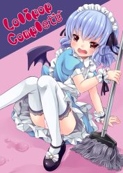 Rule 34 | 1girl, alternate costume, arm support, bad id, bad pixiv id, bat wings, black ribbon, blue hair, blush, enmaided, fang, female focus, irori, maid, maid headdress, mary janes, mop, open mouth, panties, pink panties, red eyes, remilia scarlet, ribbon, shoes, short hair, sitting, solo, tears, thighhighs, touhou, underwear, white thighhighs, wings, wrist cuffs