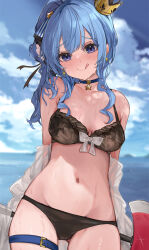 Rule 34 | 1girl, appleseed (appleseed art), bikini, black bikini, blue choker, blue eyes, blue hair, blue sky, blush, breasts, choker, cloud, crown, frilled bikini, frills, highres, hololive, hoshimachi suisei, looking at viewer, navel, one side up, sky, small breasts, smile, solo, star (symbol), star in eye, swimsuit, symbol in eye, thigh strap, tongue, tongue out, virtual youtuber