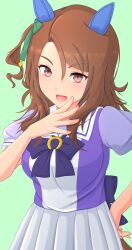 Rule 34 | 1girl, 2-butani, absurdres, animal ears, back bow, bow, breasts, brown hair, commentary request, gradient background, hair between eyes, hand on own hip, highres, horse ears, horse girl, horse tail, king halo (umamusume), long hair, looking at viewer, medium breasts, open mouth, puffy short sleeves, puffy sleeves, purple bow, purple shirt, red eyes, school uniform, shirt, short sleeves, skirt, smile, solo, summer uniform, tail, tracen school uniform, umamusume, white skirt