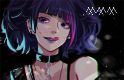 Rule 34 | 1girl, :q, black choker, choker, chromatic aberration, commentary request, diagonal bangs, ear piercing, earrings, eyeshadow, highres, idolmaster, idolmaster shiny colors, jewelry, licking lips, lipstick, makeup, multicolored hair, oone0206, piercing, portrait, purple eyes, purple eyeshadow, purple hair, purple lips, solo, streaked hair, tanaka mamimi, tongue, tongue out, upper body