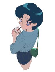 Rule 34 | 1girl, ass, bishoujo senshi sailor moon, blue eyes, blue hair, blue shirt, drinking, drinking straw, earrings, glasses, jewelry, mizuno ami, p m ame, shirt, short hair, shorts, simple background, solo, white background