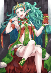 Rule 34 | 1girl, :d, arm strap, braid, breasts, crossed legs, fire emblem, fire emblem: three houses, floating hair, green eyes, green hair, hair ribbon, highres, holding, long hair, looking at viewer, nintendo, open mouth, pointy ears, red footwear, red ribbon, ribbon, shinae, sitting, small breasts, smile, solo, sothis (fire emblem), sothis (winter) (fire emblem), twin braids, very long hair