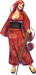 Rule 34 | 1girl, amputee, baiken, blush, breasts, cleavage, eyepatch, facepaint, female focus, full body, guilty gear, guilty gear strive, gun, japanese clothes, kimono, large breasts, long hair, no background, official art, red eyes, red hair, sandals, solo, very long hair, weapon, yukata