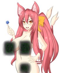 Rule 34 | 1girl, animal ears, binary, blazblue, blush, breasts, candy, cat ears, cat tail, censored, censored nipples, food, glasses, hair ribbon, hand on own hip, highres, holographic monitor, jcdr, kokonoe (blazblue), large breasts, lollipop, long hair, multiple tails, navel, novelty censor, nude, orange eyes, pince-nez, pink hair, ponytail, ribbon, sidelocks, solo, tail