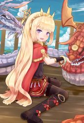Rule 34 | 10s, 1girl, :d, black footwear, black thighhighs, blonde hair, blue sky, blunt bangs, boots, bracelet, bracer, cagliostro (granblue fantasy), cape, cloud, cross, day, dragon, granblue fantasy, gymno, hairband, jewelry, long hair, looking at viewer, miniskirt, nail, open mouth, ouroboros (granblue fantasy), purple eyes, red skirt, sitting, skirt, sky, smile, solo, thighhighs, very long hair, vial, zettai ryouiki