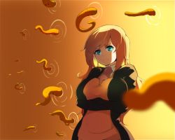 Rule 34 | 1girl, black jacket, blonde hair, blue eyes, breasts, cardigan, closed mouth, collared shirt, crossed arms, extra tongue, fate (series), gate of babylon (fate), gilgamesh (fate), jacket, kion-kun, large breasts, long hair, long sleeves, looking at viewer, orange background, original, shirt, smile, solo, standing, tentacles, wing collar