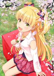 Rule 34 | 1girl, :d, azuma kei, blonde hair, bow, clothing cutout, dango, dress shirt, fang, flower, food, frilled skirt, frills, from above, green eyes, hair bow, heart, heart necklace, holding, holding food, idolmaster, idolmaster cinderella girls, jewelry, jougasaki rika, long hair, long sleeves, miniskirt, necklace, open mouth, outdoors, petals, pink bow, pink skirt, pleated skirt, sanshoku dango, shirt, shoulder cutout, sitting, skirt, smile, solo, twintails, two side up, very long hair, wagashi, white flower, white shirt