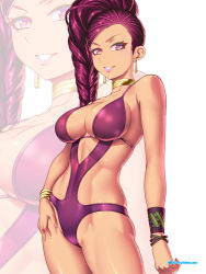 Rule 34 | 1girl, bikini, breasts, cleavage, earrings, etchimune, fire emblem, fire emblem: three houses, jewelry, large breasts, lipstick, looking at viewer, makeup, medium breasts, muscular, muscular female, nintendo, one-piece swimsuit, petra macneary, purple eyes, purple hair, smile, swimsuit