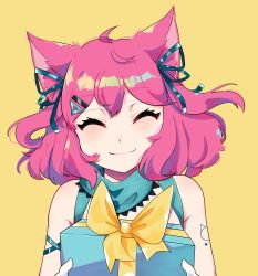 Rule 34 | ^ ^, absurdres, ahoge, animal ears, anime onegai, aqua ribbon, arm ribbon, armpit crease, bow, box, cat ears, closed eyes, closed mouth, commentary request, facing viewer, gift, gift box, hair ornament, hairclip, highres, mascot, medium hair, neck warmer, neckwear request, nyami g, pink hair, portrait, ribbon, smile, spanish commentary, suspenders, triangle hair ornament, two side up, virtual youtuber, yellow background, yellow bow