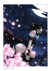 Rule 34 | 1girl, 2007, absurdres, ass, border, cherry blossoms, copyright request, dutch angle, highres, leotard, long hair, looking to the side, misaki kurehito, moon, night, night sky, ninja, outdoors, petals, school swimsuit, sky, solo, swimsuit, text focus, weapon, white border