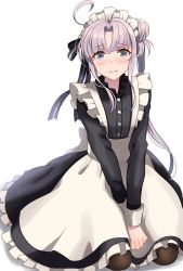Rule 34 | 1girl, ahoge, akitsushima (kancolle), alternate costume, apron, black dress, black pantyhose, blush, buttons, closed mouth, dress, enmaided, hair between eyes, highres, kantai collection, light purple hair, long hair, long sleeves, looking at viewer, maid, maid apron, maid headdress, natsume (natsume melio), pantyhose, purple eyes, side ponytail, sidelocks, simple background, solo, white apron, white background