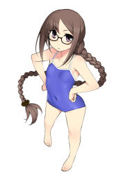 Rule 34 | 1girl, aged down, bare arms, bare legs, bare shoulders, barefoot, black-framed eyewear, blue one-piece swimsuit, blush, braid, breasts, brown hair, closed mouth, collarbone, competition school swimsuit, covered navel, fate/grand order, fate (series), full body, glasses, hair ornament, hands on own hips, long hair, looking at viewer, namonashi, new school swimsuit, one-piece swimsuit, parted bangs, purple eyes, school swimsuit, semi-rimless eyewear, simple background, single braid, small breasts, solo, standing, swimsuit, under-rim eyewear, very long hair, white background, yu mei-ren (fate), yu mei-ren (first ascension) (fate)
