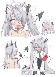 Rule 34 | !, !!, 1girl, anger vein, animal ear fluff, animal ears, black footwear, black gloves, black necktie, black skirt, black tail, blue archive, blush, boots, breasts, cat ears, collared shirt, dark-skinned female, dark skin, demon tail, fang, gloves, grey hair, grey halo, hair over one eye, halo, high heel boots, high heels, highres, iori (blue archive), long hair, long sleeves, medium breasts, multiple views, necktie, open mouth, pointy ears, red eyes, sentouryoku 5, shirt, simple background, sketch, skirt, tail, white background, white shirt