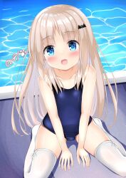 Rule 34 | 1girl, bat hair ornament, blue eyes, blue one-piece swimsuit, blush, brown hair, fang, hair ornament, highres, kud wafter, kudpoid (71139), legs apart, little busters!, long hair, looking at viewer, no shoes, noumi kudryavka, old school swimsuit, one-piece swimsuit, open mouth, outdoors, pool, poolside, school swimsuit, sitting, smile, solo, swimsuit, thighhighs, thighs, water, white thighhighs