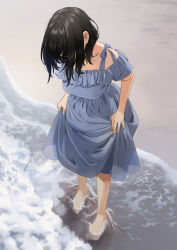 Rule 34 | 1girl, barefoot, beach, black hair, blue dress, breasts, collarbone, day, dress, feet, frilled dress, frills, full body, large breasts, looking down, mattaku mousuke, medium hair, original, outdoors, shadow, short sleeves, skirt hold, solo, standing, toes, wading, water