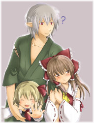 Rule 34 | 1boy, 2girls, ?, bad id, bad pixiv id, blonde hair, bow, brown hair, buront, crossover, embodiment of scarlet devil, hair bow, hakurei reimu, height difference, japanese clothes, kujimaru, multiple girls, red eyes, ribbon, rumia, silver hair, the iron of yin and yang, touhou