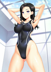 Rule 34 | 1girl, armpits, arms behind head, black hair, black one-piece swimsuit, blue eyes, blue sky, breasts, cameltoe, cleft of venus, cloud, competition swimsuit, covered erect nipples, covered navel, cowboy shot, forehead, highleg, highleg swimsuit, highres, kuri (kurigohan), long hair, medium breasts, one-piece swimsuit, original, presenting armpit, sky, solo, speedo (company), standing, swimsuit, wavy hair