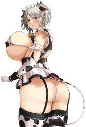 Rule 34 | 1girl, absurdres, alternate costume, animal ears, animal print, ass, bikini, breasts, ciel alencon, cow ears, cow girl, cow print, cow tail, god eater, god eater 2: rage burst, grey hair, highres, hizakake, huge breasts, maid, maid bikini, short twintails, solo, swimsuit, tail, thighs, twintails, unconventional maid