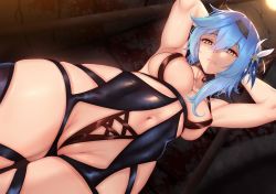 Rule 34 | 1girl, armpits, arms behind head, arms up, black hairband, blue hair, blush, breasts, cleft of venus, eula (genshin impact), genkung, genshin impact, hair ornament, hairband, highres, large breasts, lingerie, looking at viewer, medium hair, navel, sidelocks, solo, thighs, underwear, wedgie, yellow eyes