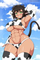Rule 34 | 1girl, abs, absurdres, animal ears, animal print, arm up, armpits, bikini, breasts, cloud, cow ears, cow girl, cow horns, cow print, cow print bikini, cow print gloves, cow print thighhighs, cow tail, cowbell, curvy, dark-skinned female, dark skin, day, female focus, fingerless gloves, from below, gloves, green eyes, highres, horns, large breasts, looking at viewer, mole, mole under eye, muscular, muscular female, outdoors, print bikini, print gloves, print thighhighs, sharp teeth, shiny skin, sky, slit pupils, smile, solo, soulkibble, sparkle, swimsuit, tail, teeth, thick thighs, thighs, underboob, wide hips