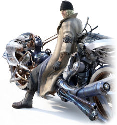 Rule 34 | 10s, 1boy, 3d, beard stubble, black hat, blonde hair, boots, coat, facial hair, final fantasy, final fantasy xiii, gloves, hat, looking back, male focus, motor vehicle, motorcycle, mustache stubble, nix, official art, shiva (final fantasy), shiva sisters, sitting, snow villiers, solo, stiria, stubble, tattoo, trench coat, vehicle, white background