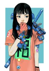 Rule 34 | 1girl, armor, badge, black hair, blue eyes, blunt bangs, button badge, eyeshadow, gloves, hand on own face, highres, junjunforever, lips, long hair, looking to the side, makeup, mechanical parts, original, pinching, print shirt, puckered lips, shirt, shoulder armor, solo, sticker, t-shirt