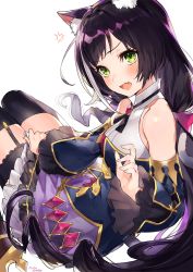 Rule 34 | 1girl, anger vein, animal ear fluff, animal ears, artist name, bare shoulders, black hair, black thighhighs, blue sleeves, blush, breasts, cat ears, cat girl, cat tail, commentary request, covering privates, covering crotch, detached sleeves, fang, frilled skirt, frills, garter straps, green eyes, grey hair, hand up, highres, karyl (princess connect!), long hair, long sleeves, low twintails, medium breasts, mika pikazo, multicolored hair, open mouth, princess connect!, purple skirt, ringlets, shirt, signature, simple background, skirt, skirt tug, sleeveless, sleeveless shirt, solo, streaked hair, tail, thighhighs, twintails, very long hair, white background, white shirt, wide sleeves