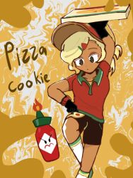 Rule 34 | angry, black gloves, character name, cheese, cookie run, fire, food, gloves, green eyes, hair ornament, hairclip, hot sauce, kneehighs, non-web source, pizza, pizza box, pizza cookie, pizza delivery, red shirt, shirt, short shorts, shorts, socks, yellow background, zyrobot