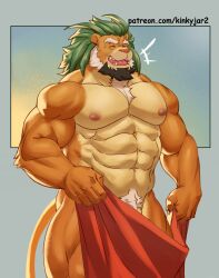 Rule 34 | 1boy, abs, animal ears, arsalan (housamo), bara, beard, breath, claws, closed eyes, commentary, english commentary, facial hair, fangs, furry, furry male, highres, laughing, lhjal2, lion boy, lion ears, lion mane, lion tail, male focus, muscular, muscular male, nipples, nude, open mouth, patreon username, pectorals, pubic hair, solo, tail, thick eyebrows, tokyo houkago summoners