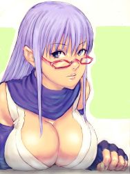 Rule 34 | 00s, 1girl, breast press, breasts, cleavage, fingerless gloves, fumio (rsqkr), gintama, glasses, gloves, huge breasts, large breasts, light purple hair, purple eyes, purple hair, purple scarf, sarutobi ayame, scarf, solo