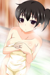 Rule 34 | 10s, 1girl, blush, breasts, brown eyes, brown hair, commentary, covering breasts, covering chest, covering privates, gradient background, highres, jewelry, kaga (kancolle), kantai collection, looking at viewer, naked towel, nishi koutarou, nude cover, onsen, ring, side ponytail, solo, steam, towel