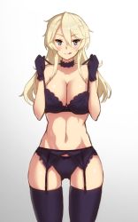 Rule 34 | 10s, 1girl, :q, bare arms, bare shoulders, black bra, black gloves, black panties, black thighhighs, blonde hair, blue eyes, blush, bra, bra pull, breasts, choker, cleavage, clothes pull, female focus, garter belt, garter straps, gloves, gradient background, hair between eyes, hayabusa, huge breasts, iowa (kancolle), kantai collection, licking lips, lingerie, long hair, looking at viewer, navel, panties, pulling, smile, solo, standing, strap pull, thighhighs, thighs, tongue, tongue out, underwear, underwear only