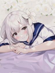 Rule 34 | 1girl, a certain high school uniform, accelerator (toaru majutsu no index), albino, bed sheet, blue sailor collar, blush, bow, breasts, close-up, dappled sunlight, expressionless, floral background, flower, hair flower, hair ornament, head tilt, looking at viewer, lying, on stomach, pale skin, pixie cut, portrait, red eyes, rose background, sailor collar, sanpaku, school uniform, shirt, short hair, short sleeves, sidelocks, small breasts, solo, sunlight, suzushina yuriko, toaru majutsu no index, white bow, white flower, white hair, white shirt, yurikokyou hk