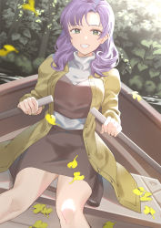 Rule 34 | 1girl, absurdres, boat, breasts, brown dress, coat, commentary request, day, dress, green eyes, gundam, hair over one eye, highres, kitazawa (embers), large breasts, leaf, long hair, long sleeves, looking at viewer, oar, open clothes, open coat, outdoors, purple hair, rosamia badam, rowboat, rowing, sitting, smile, solo, turtleneck, turtleneck dress, two-tone dress, unbuttoned, watercraft, white dress, yellow coat, zeta gundam