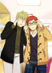 Rule 34 | 10s, 2boys, ahoge, bespectacled, blush stickers, coat, closed eyes, facial hair, glasses, goatee, green hair, idolmaster, idolmaster side-m, kashiwagi tsubasa, looking at viewer, male focus, multiple boys, open mouth, red hair, ribbed sweater, smile, stubble, sweater, tendo teru, turtleneck, winter clothes, winter coat, youhe hino