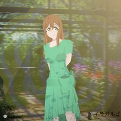 Rule 34 | 1girl, arms behind back, artist name, artist request, blush, bow, breasts, brown eyes, brown hair, day, dress, dress bow, female focus, green bow, green dress, gren skirt, hair between eyes, iragalgo, kunikida hanamaru, light brown hair, long hair, looking at viewer, love live!, love live! sunshine!!, matching hair/eyes, medium breasts, outdoors, parted lips, smile, solo, sunlight, tree print, yellow eyes