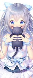 Rule 34 | 1girl, black cat, blue eyes, cat, dress, highres, long hair, looking at viewer, original, silver hair, solo, strapless, strapless dress, upper body, white background, zizi (zz22)