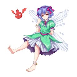 Rule 34 | 1girl, akinomiya asuka, anklet, barefoot, blue hair, bow, bracelet, closed mouth, derivative work, dress, elfin mint, expressionless, frills, full body, green dress, hair bow, hairband, highres, jewelry, looking at viewer, original, pink bow, pink hairband, pointy ears, red eyes, short hair, solo, the last comer, touhou, transparent background, white background, wings