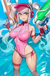 Rule 34 | 1girl, alice (nikke), bare shoulders, breasts, day, eu03, gloves, goddess of victory: nikke, headphones, holding, holding water gun, large breasts, long hair, ocean, one-piece swimsuit, outdoors, pink eyes, pink one-piece swimsuit, solo, standing, swimsuit, thigh strap, twintails, water gun
