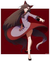 Rule 34 | 10s, 1girl, 2016, absurdly long hair, animal ears, bare legs, black footwear, brooch, brown hair, dated, dress, fingernails, full body, hair over one eye, highres, imaizumi kagerou, jewelry, long hair, long sleeves, looking at viewer, nail polish, namataro, one eye covered, red background, red eyes, red nails, red skirt, sharp fingernails, shoes, simple background, skirt, smirk, solo, tail, touhou, very long hair, white dress, wide sleeves, wolf ears, wolf tail
