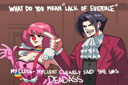 Rule 34 | 1boy, 1girl, ace attorney, alternate breast size, ascot, blush, breasts, buttons, cleavage, clown, clown nose, english text, formal, geiru toneido, gloves, highres, jacket, long sleeves, meme, miles edgeworth, open mouth, phoenix wright: ace attorney - spirit of justice, pink gloves, pink hair, pointing, rainbow, red jacket, red skirt, shoulder pads, skirt, smile, suit, suspenders, tina fate, upper body