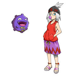 Rule 34 | 10s, 1girl, alternate costume, anklet, bad id, bad pixiv id, blowing bubbles, chewing gum, creatures (company), fangs, game freak, gen 1 pokemon, grey eyes, gym leader, hands in pockets, jewelry, koffing, nintendo, pokemon, pokemon (creature), pokemon bw, roxie (pokemon), sandals, shirt, short hair, sleeveless, sleeveless shirt, smile, white hair