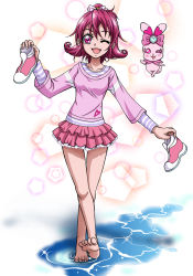 Rule 34 | 1girl, ;d, aida mana, barefoot, bow, dokidoki! precure, feet, frilled skirt, frills, full body, hair between eyes, hair bow, hanzou, heart, heart print, holding foot, layered skirt, long sleeves, looking at viewer, miniskirt, one eye closed, open mouth, pink bow, pink eyes, pink hair, pink shirt, pink skirt, precure, print shirt, sharuru (dokidoki! precure), shirt, shoes, short hair, skirt, smile, soles, solo, standing, striped clothes, striped shirt, toes, unworn shoes, wading, white bow