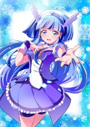 Rule 34 | 1girl, absurdres, aoki reika, bike shorts, bike shorts under skirt, blue background, blue choker, blue eyes, blue hair, blue ribbon, blue shirt, blue skirt, blue theme, breasts, brooch, choker, cure beauty, hand on own chest, head wings, highres, jewelry, long hair, magical girl, open mouth, precure, ribbon, shirt, short sleeves, skirt, small breasts, smile, smile precure!, snowflakes, solo, tiara, tirofinire, wings, wrist cuffs
