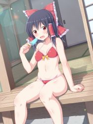 Rule 34 | 1girl, adapted costume, bare arms, bare legs, bare shoulders, bikini, black hair, blush, bow, breasts, collarbone, commentary request, day, dutch angle, eating, feet out of frame, food, frills, front-tie bikini top, front-tie top, hair bow, hair tubes, hakurei reimu, highres, holding, holding food, lens flare, medium hair, navel, on floor, open mouth, outdoors, ponytail, popsicle, red bikini, red bow, red eyes, shefu, sidelocks, sitting, small breasts, solo, swimsuit, tatami, touhou, wooden floor, yellow bow