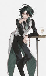 Rule 34 | 1boy, absurdres, black pants, black shirt, closed mouth, coattails, cup, dress pants, dress shirt, drinking glass, elbow on table, facial mark, feet out of frame, forehead mark, genshin impact, green hair, green necktie, hand on own face, highres, leaning forward, male focus, multicolored hair, necktie, pants, shirt, simple background, solo, two-tone hair, vest, white background, white vest, xiao (genshin impact), yellow eyes, yuitonoel